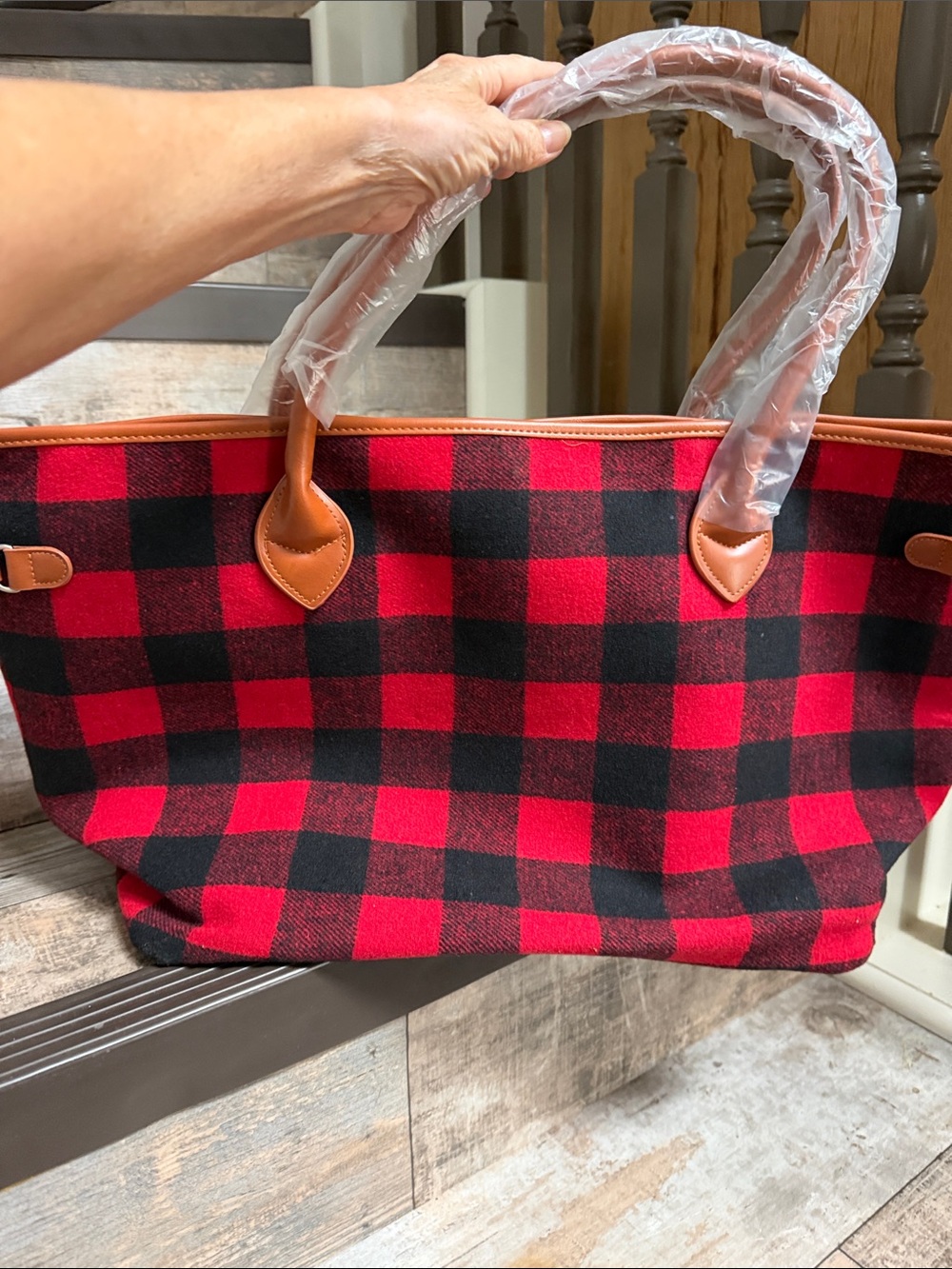 Flannel Buffalo Plaid Tote Bag with Tan faux Trim - Red & Black